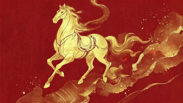 Gold horse illustration with flowing mane on red background animated for Chinese New Year. Year of horse celebration and lunar new year design.
