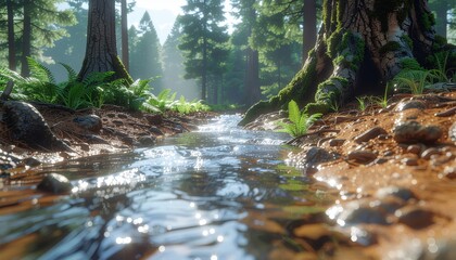 Fototapeta premium Serene Forest Stream: Sunlight Filters Through Ancient Trees onto Rocky Creek Bed