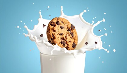 A chocolate chip cookie is being dropped into a glass of milk. The splash creates a dynamic, photorealistic image