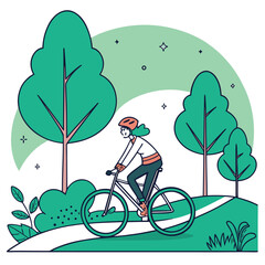 Woman riding a bicycle on a scenic park path.