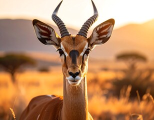 A close-up portrait of an impala, facing the viewer with intricate horns and warm sunlight illuminating the scene in a dry savanna landscape