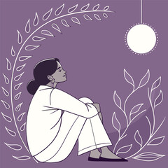 Woman sitting peacefully surrounded by decorative leaves.