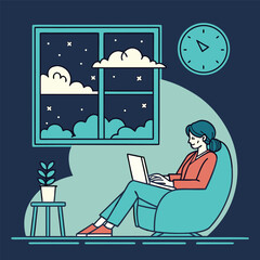 Woman working on laptop in comfortable chair at night.