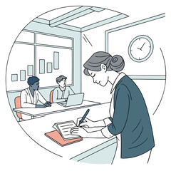 Woman writing in notebook at desk in office.