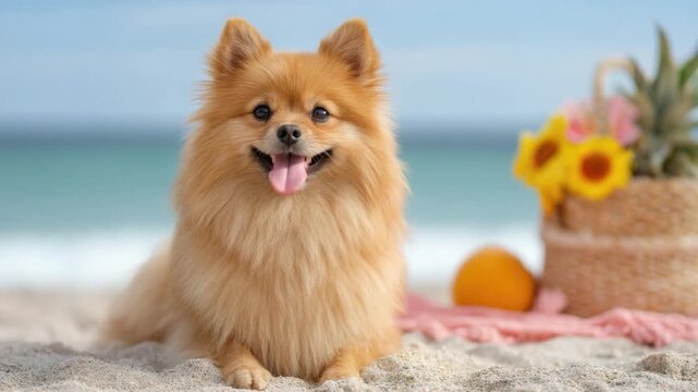 Happy Pomeranian Dog Sitting on Sandy Beach with Vibrant Flowers and Relaxing Vibe Generative AI