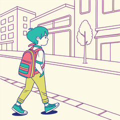 Young boy with backpack walking on sidewalk.