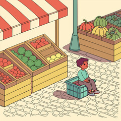 Young boy sitting alone at a fruit stand.