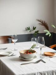 Fototapeta premium Minimalist table setting with clean lines, natural materials, and simple utensils, setting, utensil