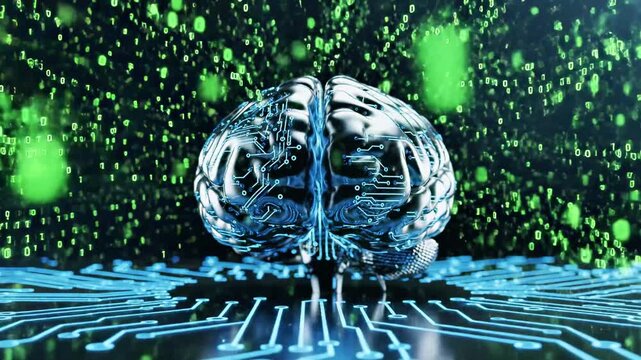 A 3D rendering of a human brain made of circuitry and wires, surrounded by green binary code and circuit board patterns
