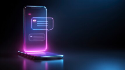 Modern abstract digital art features a glowing smartphone, emitting a chat bubble with text lines, on a dark reflective surface