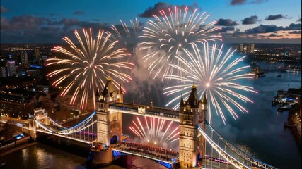 Vibrant fireworks illuminate a famous cityscape at dusk creating a celebratory atmosphere - Powered by Adobe