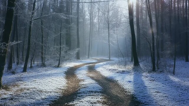 Misty Forest Path with Patches of Thawing Frost. Seasonal Nature / Winter to Spring Transition. A winding quiet forest path covered in patches of white frost and dappled with early morning sunlight.
