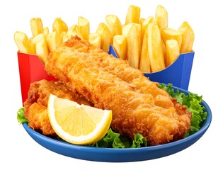 A close-up shot of fish and chips, a classic meal. Crispy battered fish rests on a bed of greens with a lemon slice, flanked by golden fries