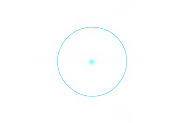 Blue glowing digital target with radiating light and concentric circle, representing focus, data, and technology on transparent background