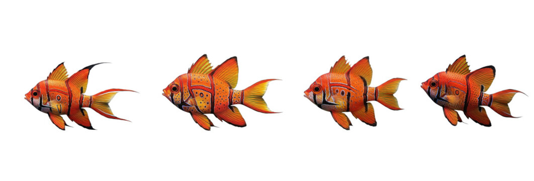 Set of Four Rosy Barb (Pethia conchonius) fish isolated on transparent PNG background oil paint