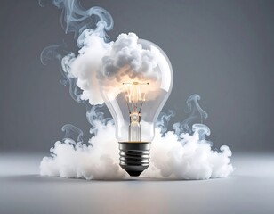A burning light bulb amidst swirling smoke against a neutral background. The filament glows warmly inside