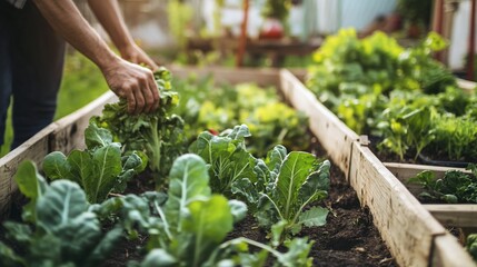 A gardener carefully harvests fresh produce from an organic raised bed garden