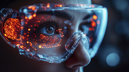 Close up of person wearing transparent futuristic augmented reality glasses with glowing orange digital interface reflections, showing advanced technology and innovation