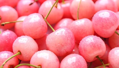 A close-up view presents a heap of translucent, light-pink, nearly white fruit. Tiny water droplets are spread over their glossy surfaces. Stems peek out