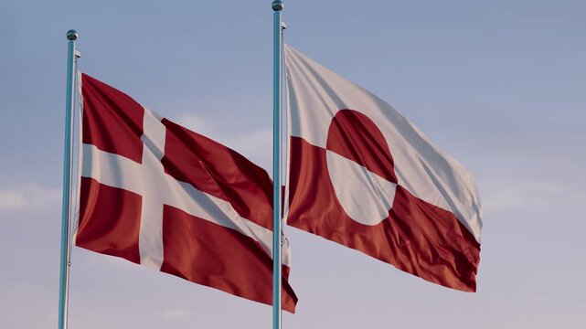 Denmark and Greenland: Cinematic Waving Flags Against Blue Sky