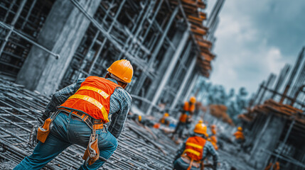 Construction workers climbing ladders on building site wearing safety vests and helmets