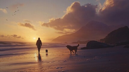 Woman and dogs walking along the beach at sunset, enjoying the scenery