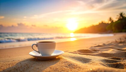 A cup of coffee rests on sand at a beach, waves roll in, the sun sets over the water, and trees silhouette the horizon