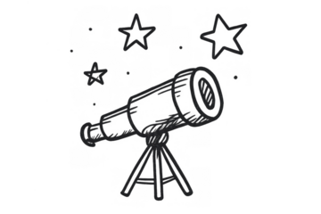 Telescope doodle sketching outer space, stars, and universe exploration, observing astronomy science with transparent background