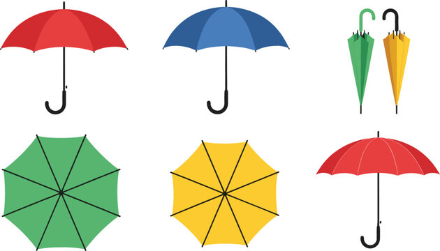  Professional collection of colorful red, blue, green, and yellow umbrellas in open, closed, and top-down views for weather forecasting and seasonal rain branding