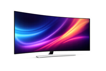 Curved smart tv display screen showing abstract vibrant neon light trails, modern flat panel television technology