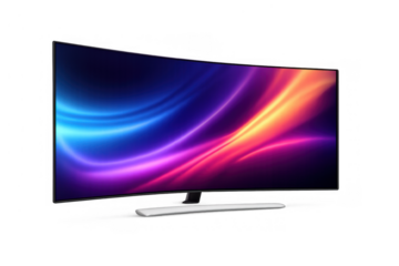 Curved smart tv display screen showing abstract vibrant neon light trails, modern flat panel television technology