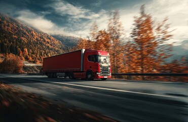 Red Truck Journey on European Motorway in Autumn