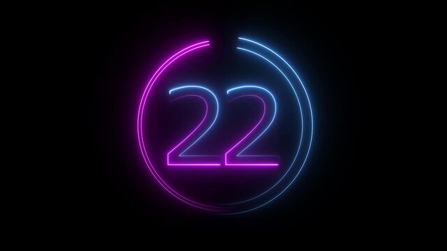 A dynamic circular animation, and glowing neon number 22 animation . on a black background. and creating a stunning video.4k video