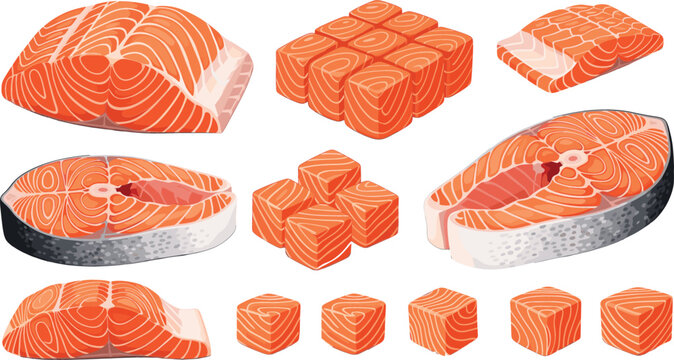 Professional seafood collection featuring fresh raw salmon fillets, steaks, and sliced orange fish cubes for culinary menu design and healthy grocery branding