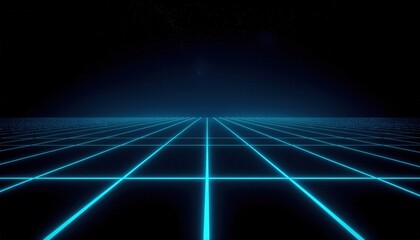 Abstract Neon Grid Landscape, Digital Futuristic Background, Blue Lines on Black