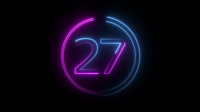 A dynamic circular animation, and glowing neon number 27 animation . on a black background. and creating a stunning video.4k video