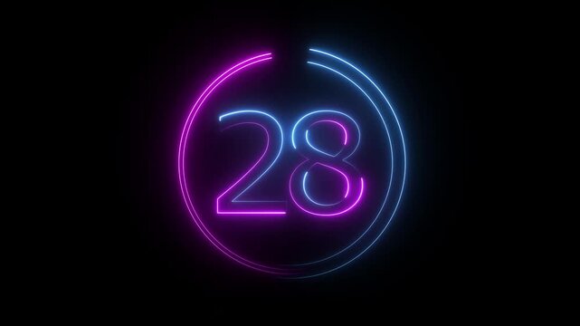 A dynamic circular animation, and glowing neon number 28 animation . on a black background. and creating a stunning video.4k video