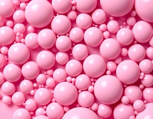 A close-up view presents an artistic arrangement of multiple spheres in various sizes, all in a uniform pastel pink hue