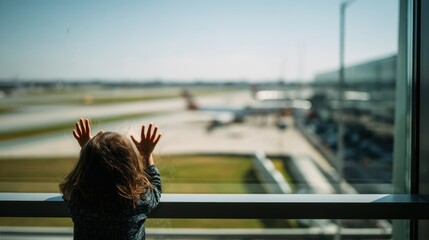 Amazed Child at Airport Window Watching Airplanes
