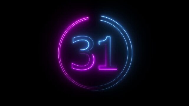 A dynamic circular animation, and glowing neon number 31 animation . on a black background. and creating a stunning video.4k video