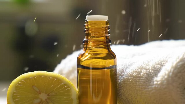 Lemon oil bottle, with falling particles on towel, for aromatherapy, relaxation and self-care
