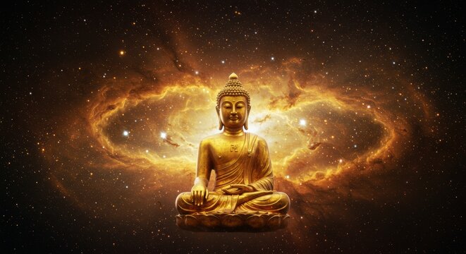 Golden Buddha Statue Meditating in Cosmos Nebula