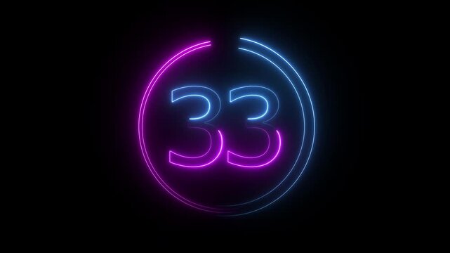 A dynamic circular animation, and glowing neon number 33 animation . on a black background. and creating a stunning video.4k video