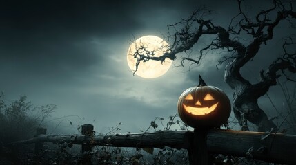 Spooky autumn scene. Jack-o'-lantern rests on fence under a full moon, with a bare tree silhouette in the night sky