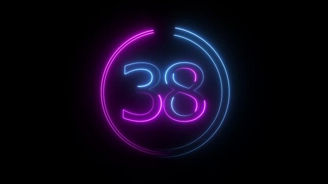 A dynamic circular animation, and glowing neon number 38 animation . on a black background. and creating a stunning video.4k video
