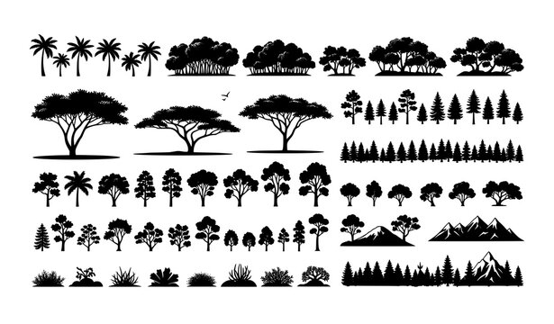 Big set of tree silhouettes from different natural zones in flat black vector style for maps and infographics