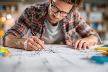 Young Engineer Analyzing Blueprints at Workspace Desk