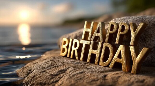Golden 3D "Happy Birthday" text rests on a rocky shore at sunset, creating a serene and festive atmosphere