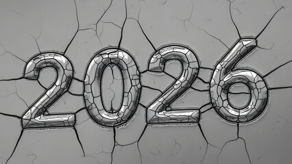 Cracked Concrete with Metallic 2026 Numbers on Gray Background