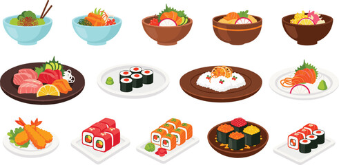 Large collection of Japanese cuisine vector illustrations including various sushi rolls, nigiri, sashimi, tempura shrimp, and healthy poke bowls for restaurant menus. © MstRozinaAkter